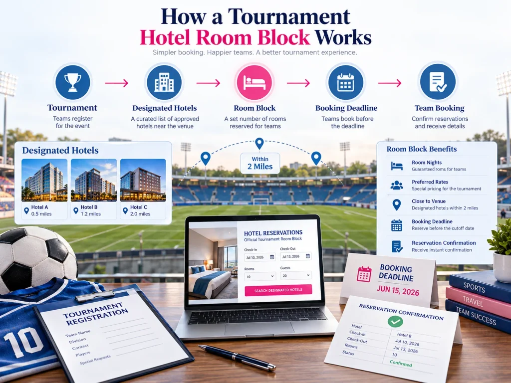 Sports tournament hotel booking block showing designated lodging requirements