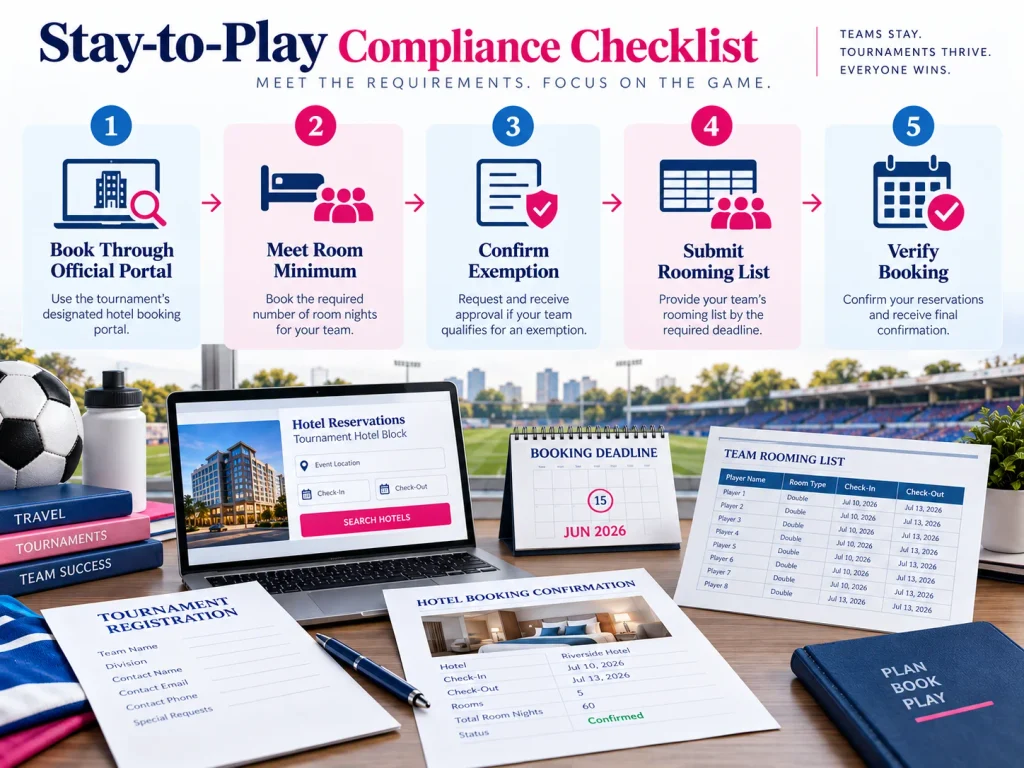 Stay-to-play compliance checklist for tournament hotel bookings