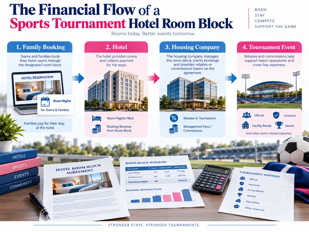 Sports tournament hotel rebate and commission flow from bookings to event expenses