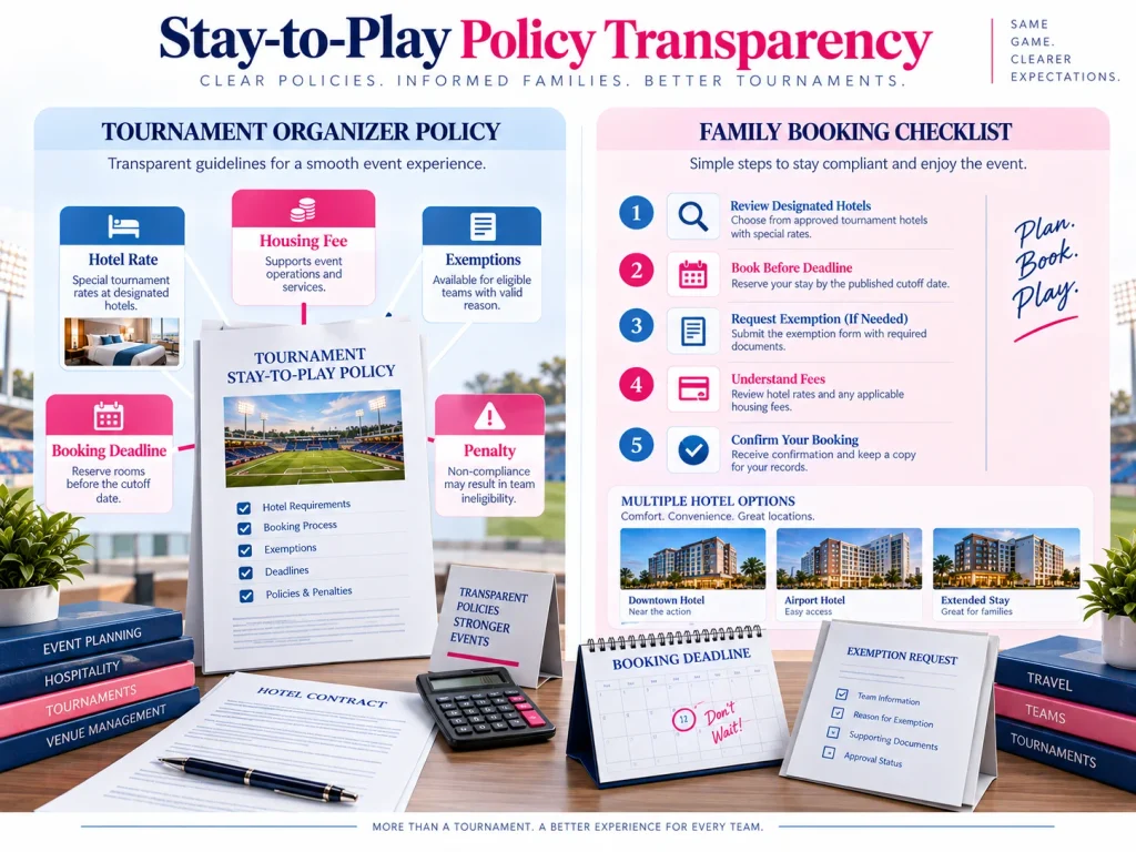 Stay-to-play tournament policy showing hotel rates, exemptions, fees and penalties