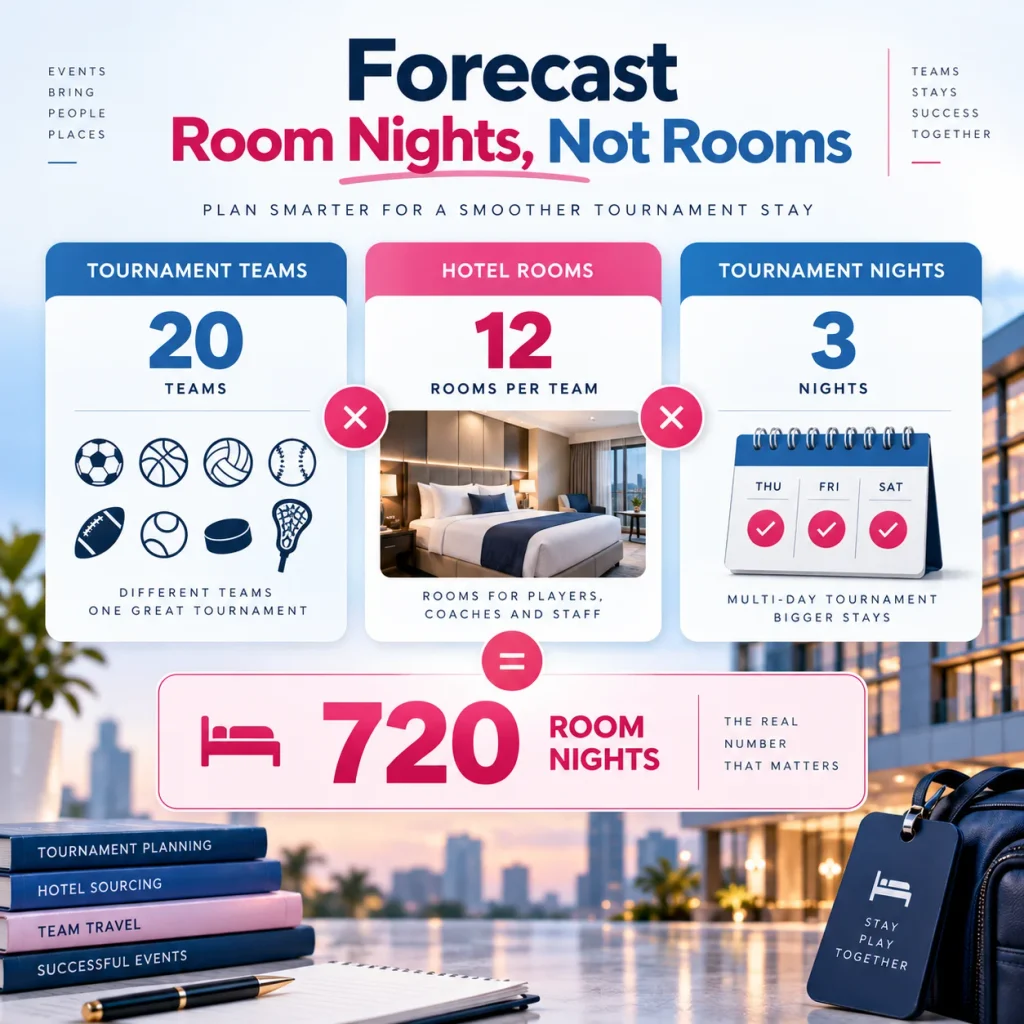 Sports tournament room night calculation showing 20 teams and 720 room nights