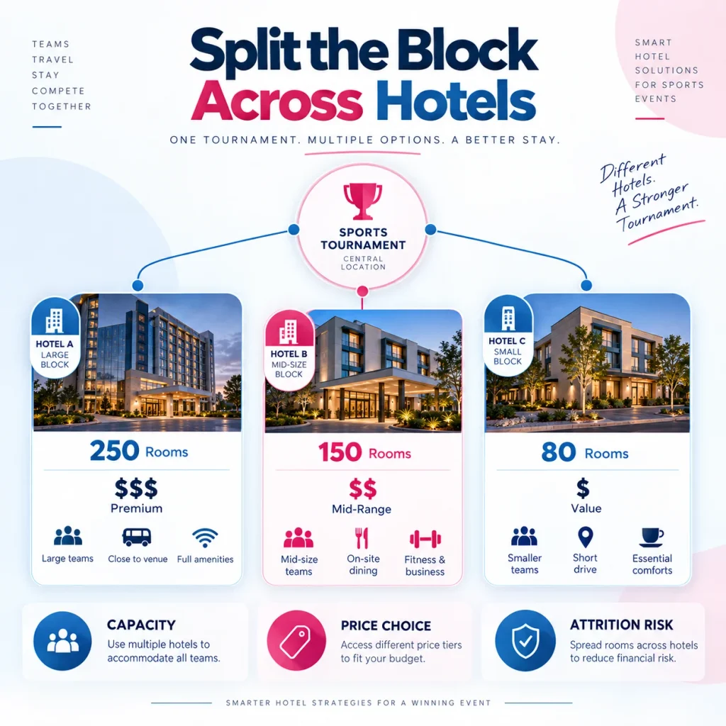 Three hotel properties splitting a sports tournament room block for capacity and risk management
