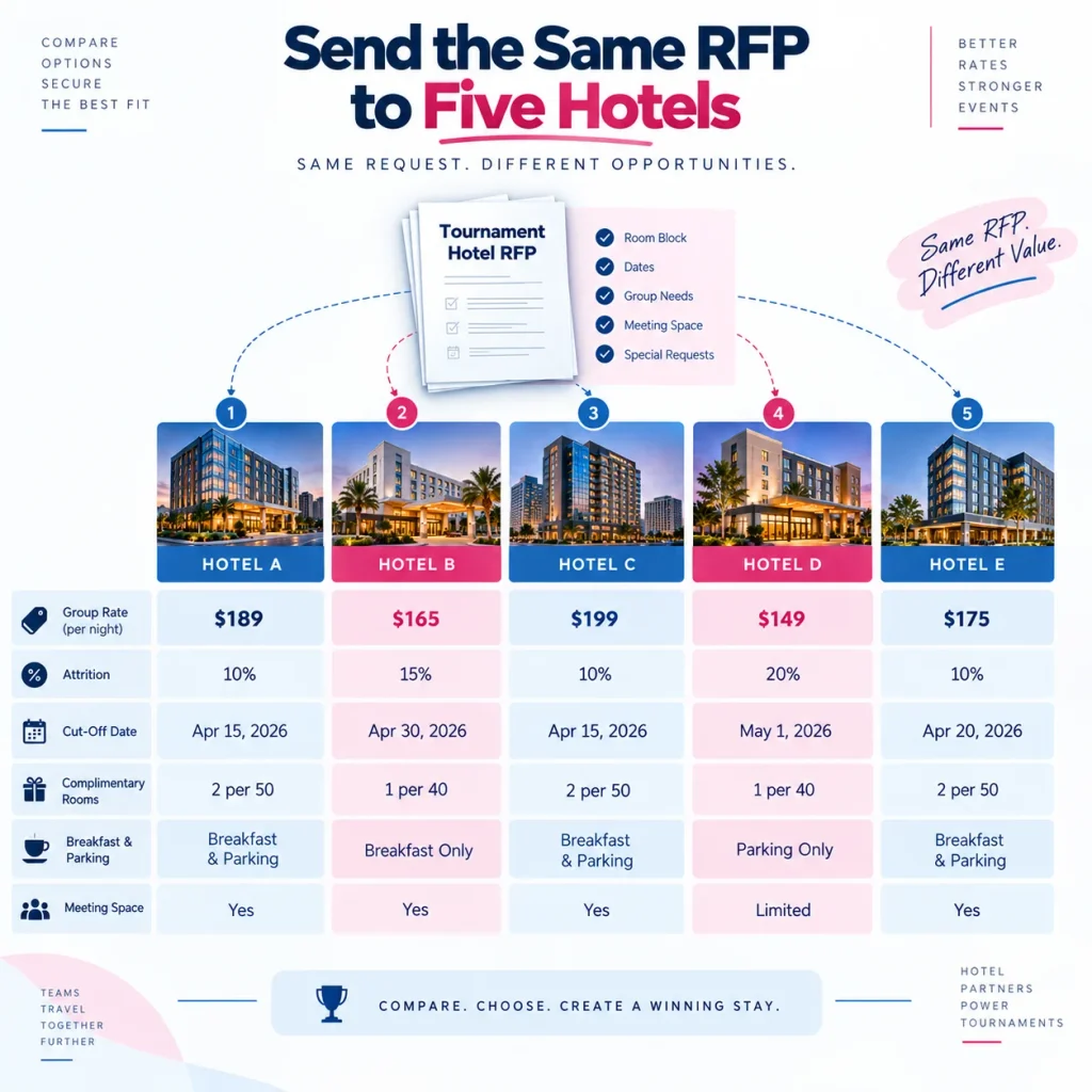 Sports tournament hotel RFP comparison across five properties