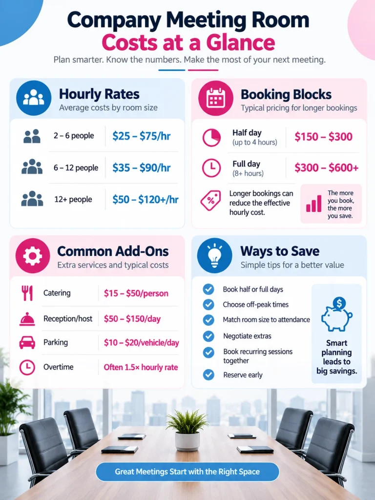 Company meeting room cost infographic showing hourly rates, booking blocks, add-on fees and ways to save