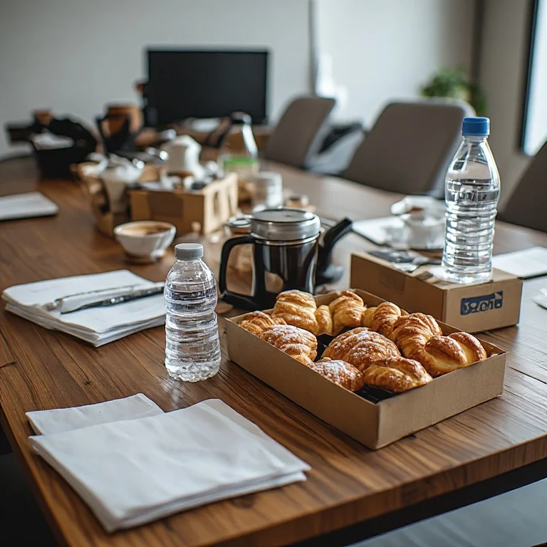 Corporate meeting catering setup with coffee, boxed lunches and refreshments