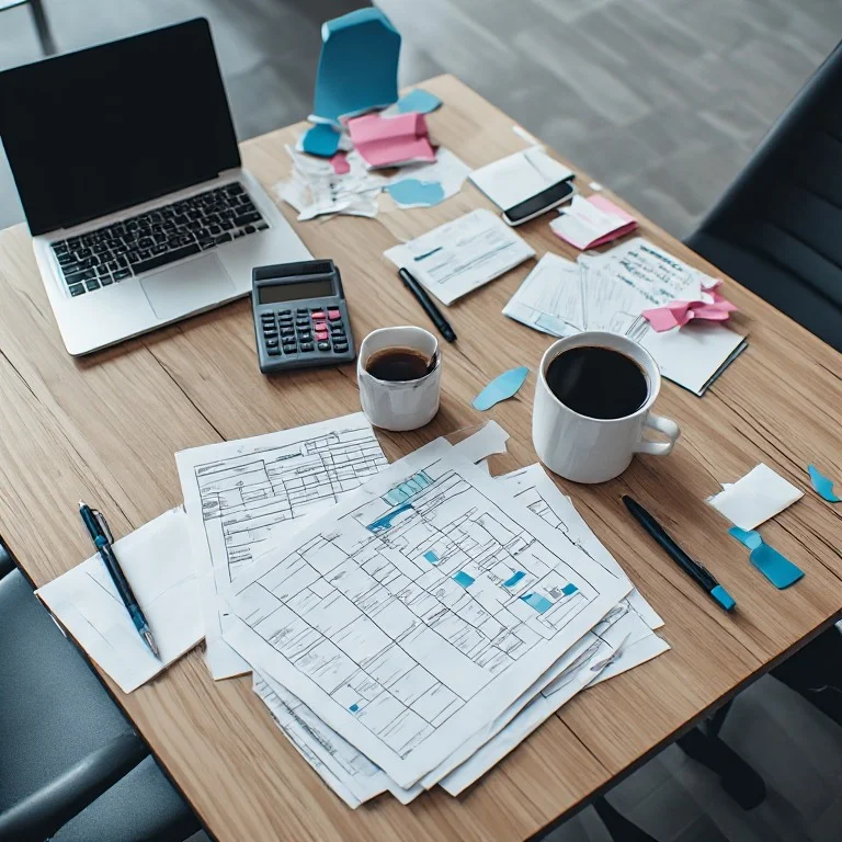 Meeting room pricing and budgeting setup with calculator and booking documents