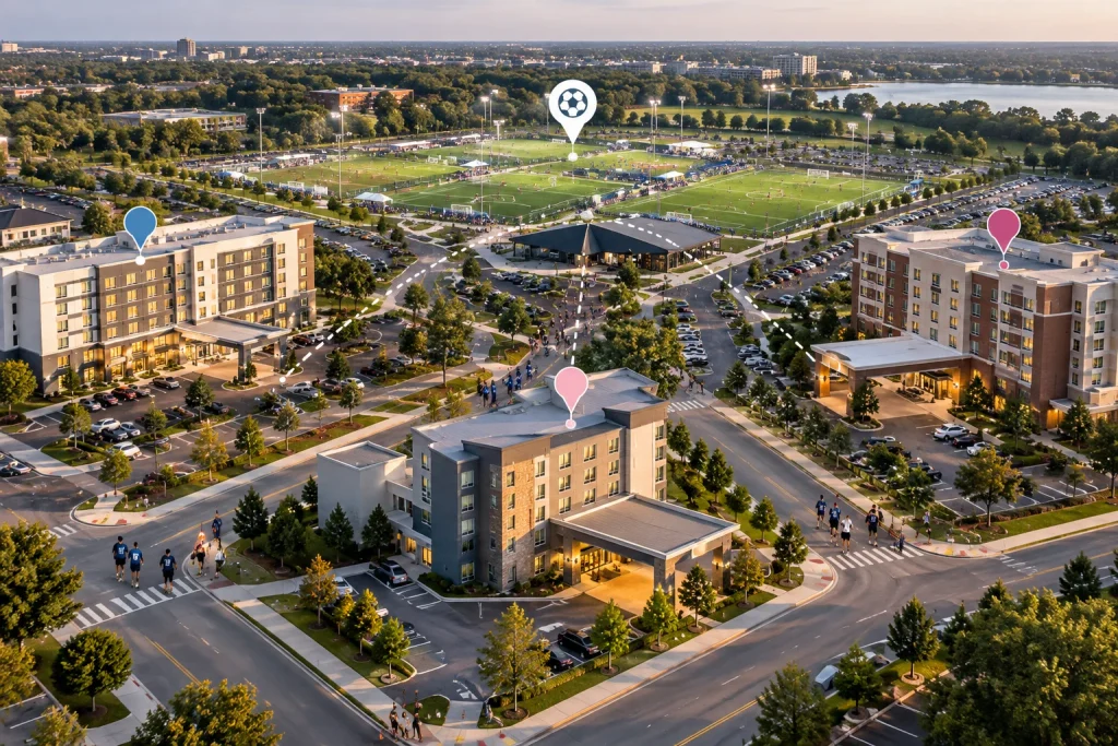 Multiple hotels serving a sports tournament room block