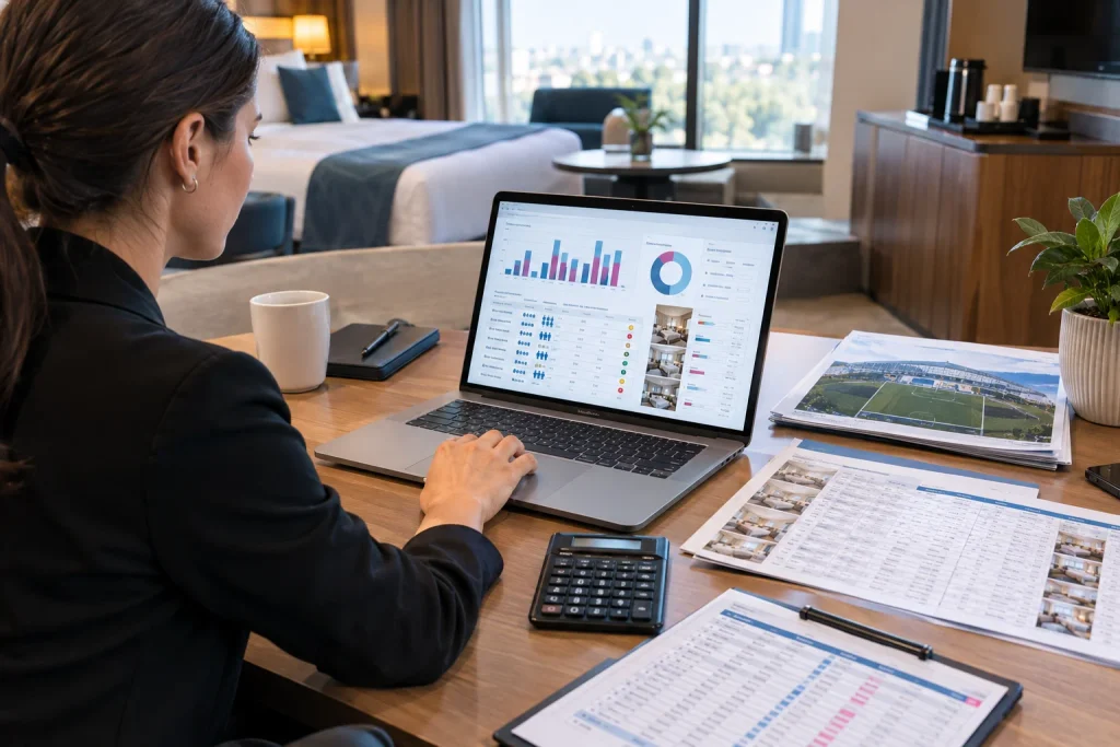 Organizer monitoring tournament hotel bookings and room pickup