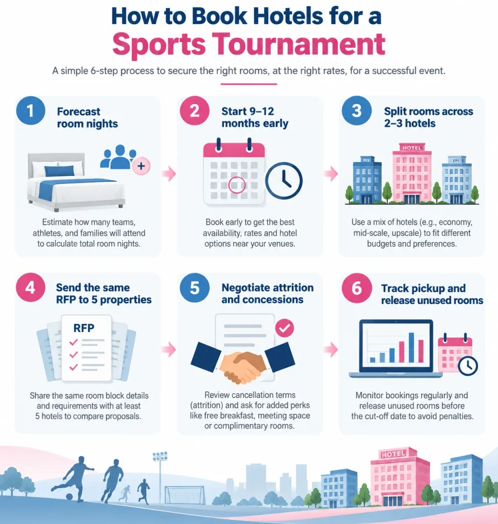Six-step process for booking hotels for a sports tournament