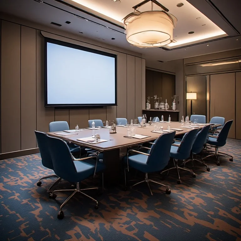 Upscale hotel meeting room set up for a corporate event