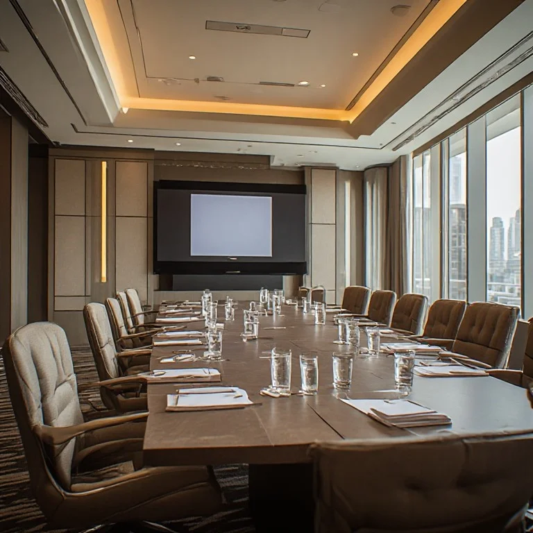 Hotel conference room set up for a corporate meeting