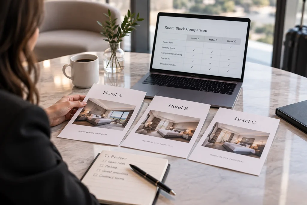 Comparing hotels for a group room block