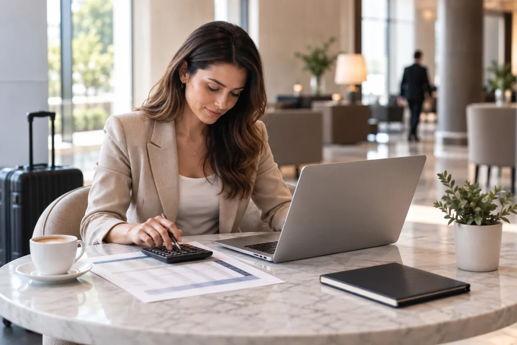 Event planner calculating hotel rooms needed for a group