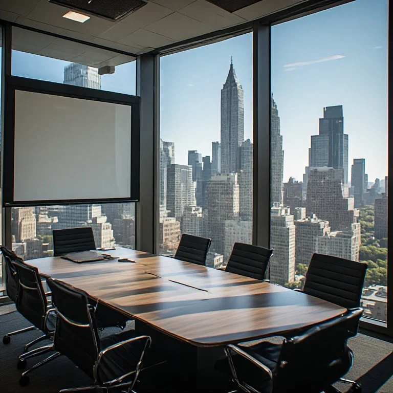 Corporate meeting room overlooking a major US city skyline