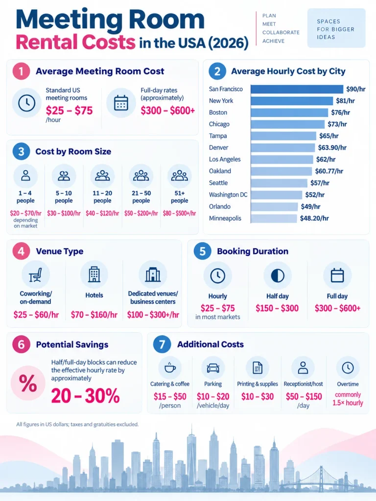 Meeting room rental costs in the USA by city, room size and venue type in 2026