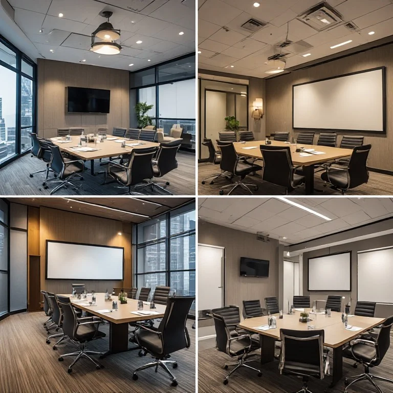 Different meeting room venue styles including coworking and hotel conference spaces
