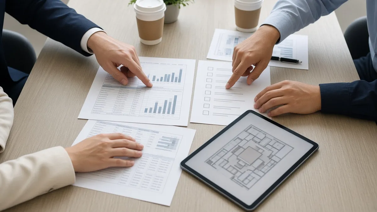 Four people's hands at a meeting table pointing at printed budget sheets with bar charts and a checklist with empty checkboxes, next to a tablet showing a building floor plan and two coffee cups