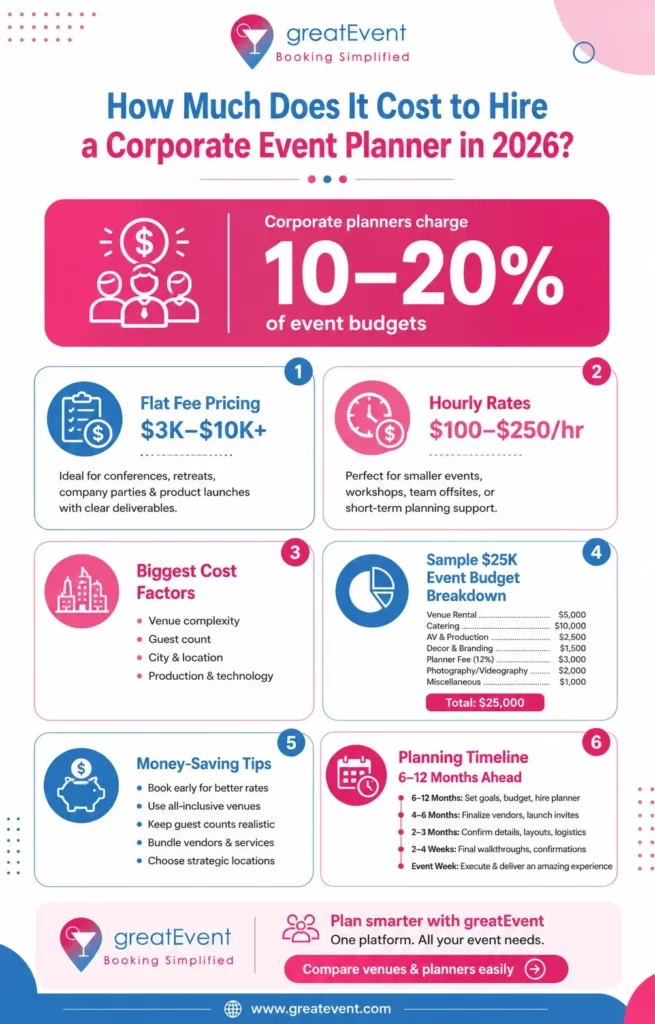 Corporate event planner cost infographic: 10–20% of the event budget, flat fees of $3,000–$10,000+, hourly rates of $100–$250, cost factors, a sample budget, money-saving tips, and a 6–12 month timeline