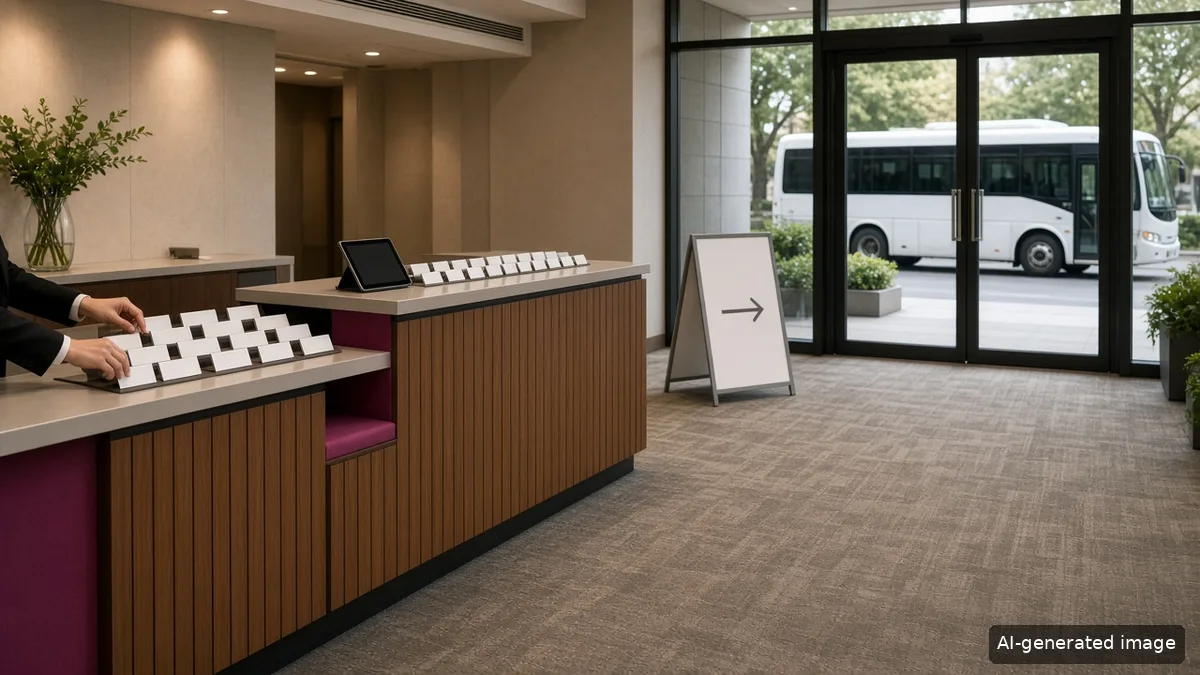 Hotel conference foyer before attendees arrive, with a registration counter that has a lowered section, rows of blank name badges, a tablet on a stand, a blank arrow sign on an easel, a wide clear walkway, and a shuttle bus at the curb outside the glass doors