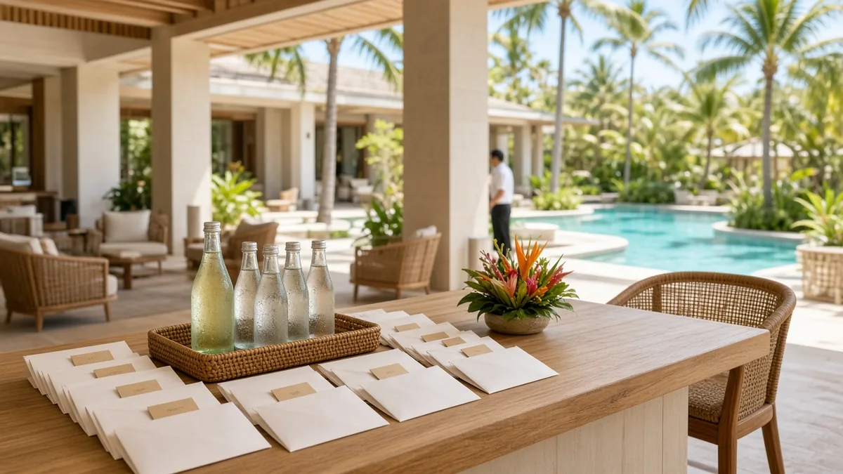 Open-air resort lobby with a wooden welcome table holding rows of blank white envelopes with kraft labels, a woven tray of chilled bottled water, and a bright tropical flower arrangement, with rattan chairs, a pool, palm trees, and a staff member in the background
