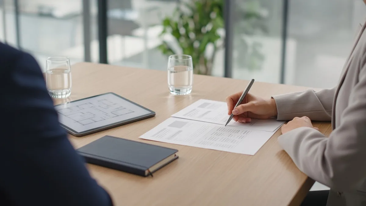 Planner with a pen reviewing a printed proposal and payment schedule at a meeting table across from a client, with a tablet showing a floor plan sketch and two glasses of water