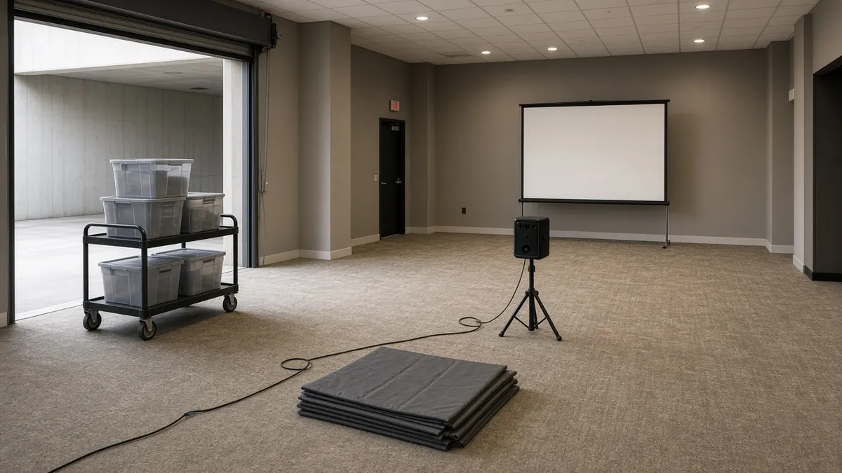 Empty carpeted meeting space with an open loading door, a rolling cart stacked with plastic storage bins, a portable speaker on a tripod, folded floor mats, and a pull-down projection screen